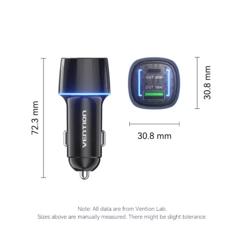 Vention USB-C+A (2port,30W, fekete, szivargyújtós),Vention