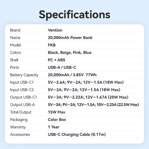 Vention FKBN0-C 20000mah, (bézs,22,5W), powerbank