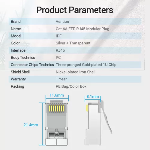 Vention FTP (Cat.6 ,RJ45,átlátszó) 10db, csatlakozó