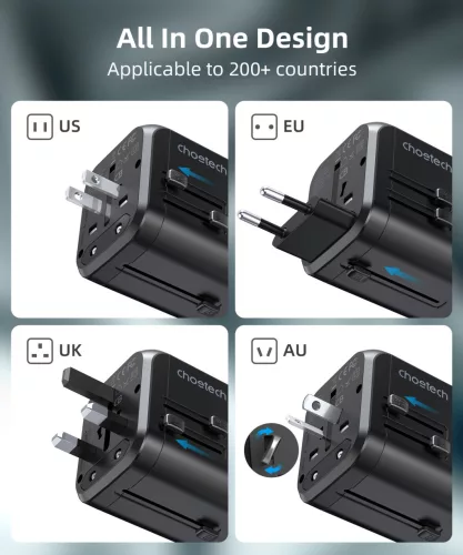 Choetech USB-C+A*3 (4port,30W, fekete, travel, US,UK,EU,AU), töltő