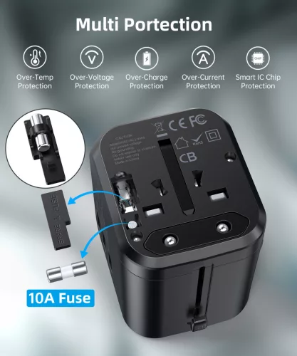 Choetech USB-C+A*3 (4port,30W, fekete, travel, US,UK,EU,AU), töltő