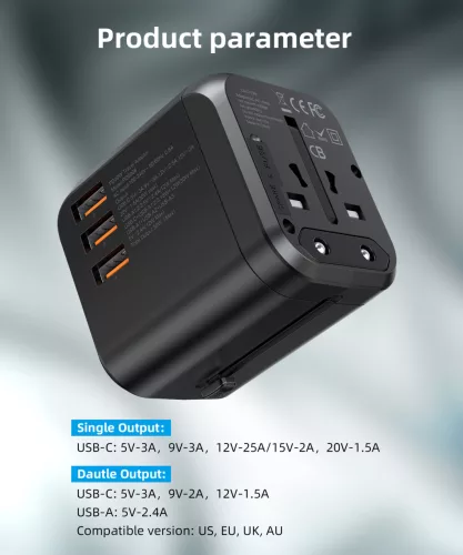 Choetech USB-C+A*3 (4port,30W, fekete, travel, US,UK,EU,AU), töltő