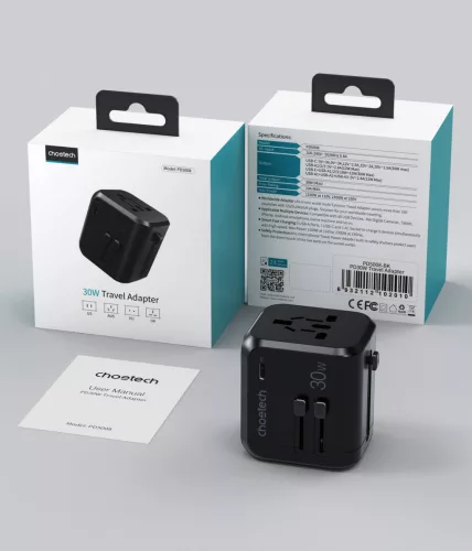 Choetech USB-C+A*3 (4port,30W, fekete, travel, US,UK,EU,AU), töltő