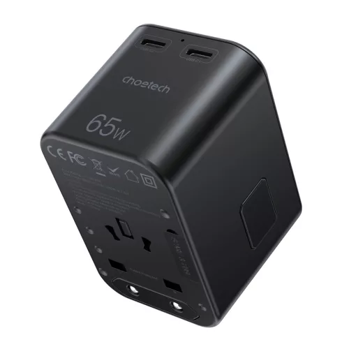 Choetech USB-C*2+A (65W, fekete, travel, US,UK,EU,AU), töltő