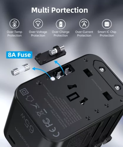 Choetech USB-C*2+A (65W, fekete, travel, US,UK,EU,AU), töltő