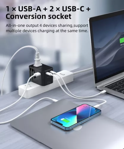 Choetech USB-C*2+A (65W, fekete, travel, US,UK,EU,AU), töltő