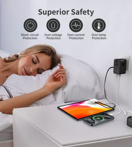 Choetech USB-C*2+USB-A*2 (45W,fekete,travel,USB-C kábellel, US,UK,EU,AU), töltő