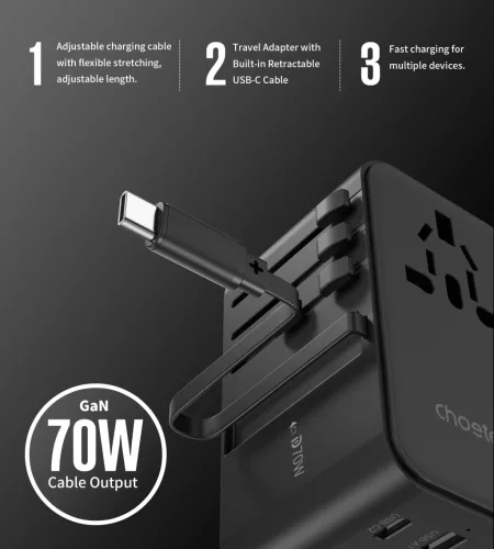 Choetech USB-C*2+USB-A*2 (70W,fekete,travel,USB-C kábellel, US,UK,EU,AU), töltő