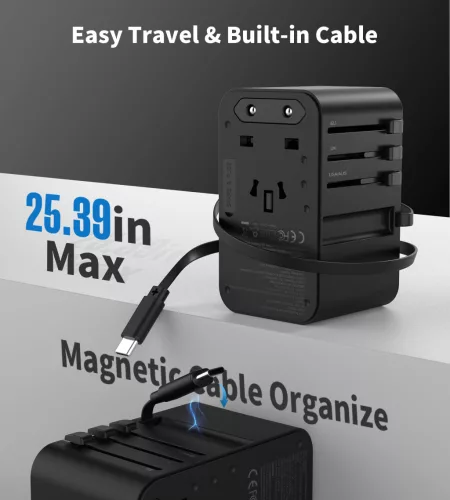 Choetech USB-C*2+USB-A*2 (70W,fekete,travel,USB-C kábellel, US,UK,EU,AU), töltő