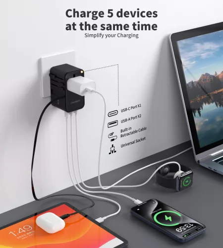 Choetech USB-C*2+USB-A*2 (70W,fekete,travel,USB-C kábellel, US,UK,EU,AU), töltő