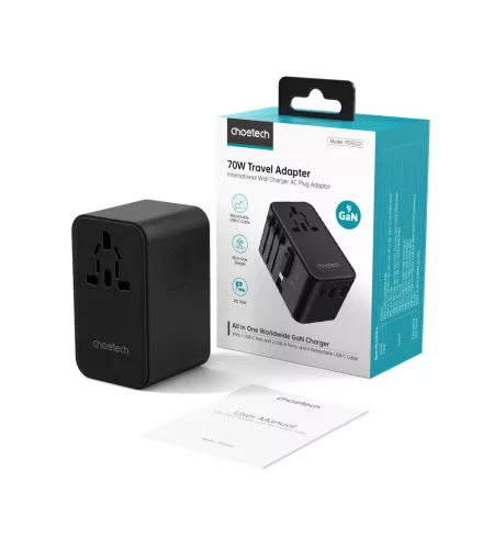 Choetech USB-C*2+USB-A*2 (70W,fekete,travel,USB-C kábellel, US,UK,EU,AU), töltő