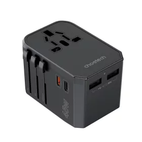   Choetech USB-C*2+A*2 (45W, fekete, travel, US,UK,EU,AU), töltő