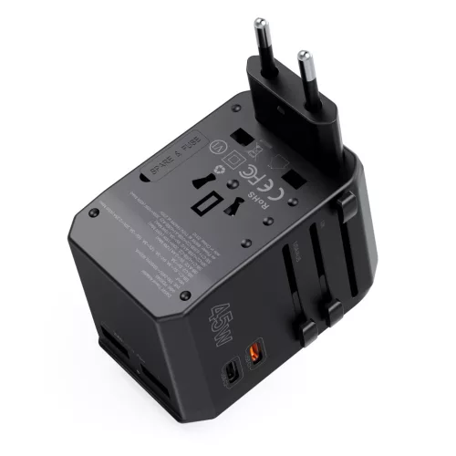 Choetech USB-C*2+A*2 (45W, fekete, travel, US,UK,EU,AU), töltő
