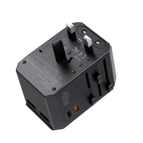 Choetech USB-C*2+A*2 (45W, fekete, travel, US,UK,EU,AU), töltő