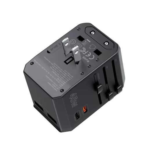 Choetech USB-C*2+A*2 (45W, fekete, travel, US,UK,EU,AU), töltő