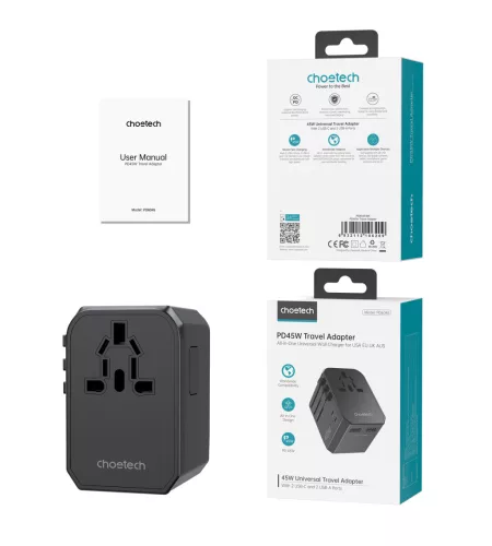 Choetech USB-C*2+A*2 (45W, fekete, travel, US,UK,EU,AU), töltő