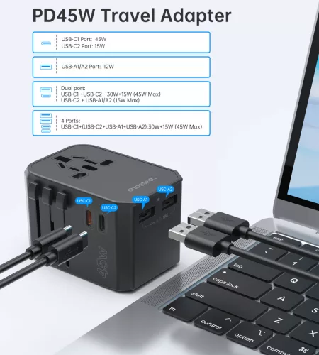 Choetech USB-C*2+A*2 (45W, fekete, travel, US,UK,EU,AU), töltő