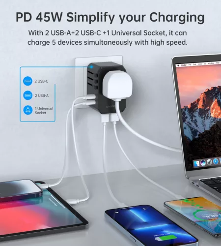 Choetech USB-C*2+A*2 (45W, fekete, travel, US,UK,EU,AU), töltő