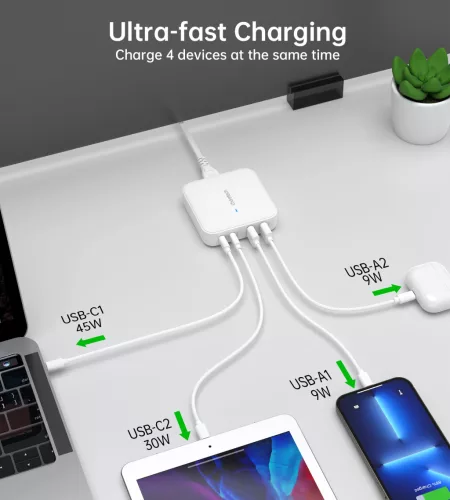 Choetech 4-port 2*USB-C+2*USB-A (4port,asztali,100W,fehér,GAN), töltő