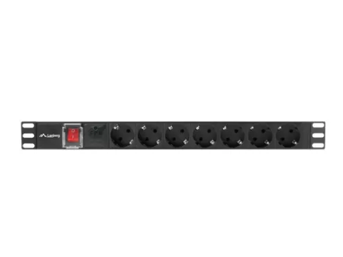 Lanberg PDU-07F-0200-BK 19" 1U 7xSchuko aljzat Schuko csatlakozóvéggel 2m túlfeszültségvédett elosztósor kapcsolóval
