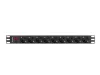 Lanberg PDU-09F-0300-BK 19" 1U 9xSchuko aljzat Uni-Schuko csatlakozóvéggel 3m fekete elosztósor kapcsolóval