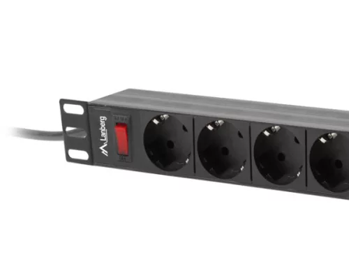 Lanberg PDU-09F-0300-BK 19" 1U 9xSchuko aljzat Uni-Schuko csatlakozóvéggel 3m fekete elosztósor kapcsolóval