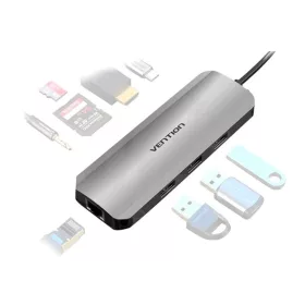   Vention USB-C -> HDMI/USB3.0x3/RJ45/SD/TF/TRRS 3.5mm/PD (0,15m Szürke Aluminum Ötvözet), Dokkoló