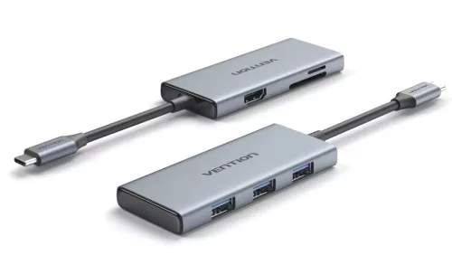 Vention USB-C -> HDMI/USB 3.0x3/SD/TF (0,15m Szürke Aluminum Ötvözet), Dokkoló