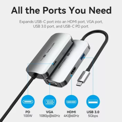 Vention USB-C -> HDMI/VGA/USB 3.0/PD (0,15m Szürke Aluminum Ötvözet) Dokkoló