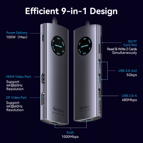Vention USB-C -> DP/HDMI/USB 3.0*2/USB 2.0/RJ45/SD/TF/PD MST, dokkoló