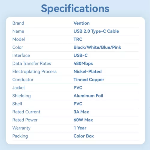 Vention Szövet USB-C -> USB-C,(3A, fekete), 2m, kábel