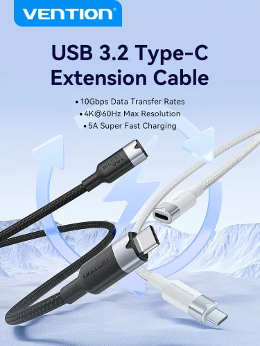 Vention USB-C 3.2/M -> USB-C 3.2/F, 0,5m,(hosszabbító, fehér, Gen2, 10Gbps), kábel