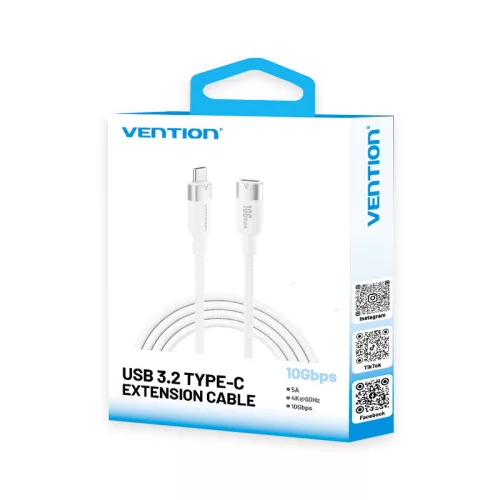 Vention USB-C 3.2/M -> USB-C 3.2/F, 1m,(hosszabbító, fehér, Gen2, 10Gbps), kábel