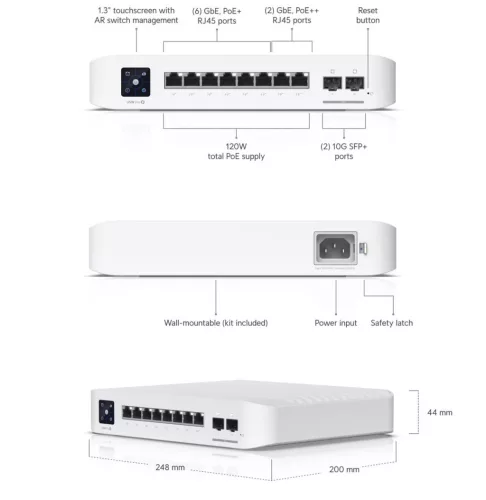 Ubiquiti USW-Pro-8-PoE 8port GbE LAN 6xPoE/PoE+ 2x PoE++ 2xSFP+ port 120W port L3 menedzselhető switch