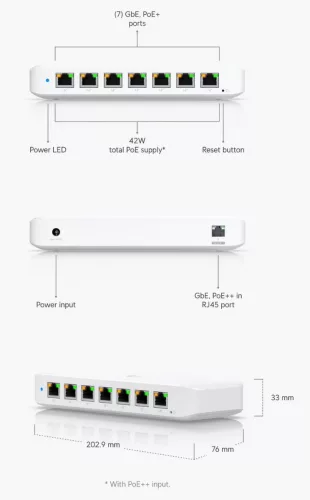 Ubiquiti UniFi USW-Ultra 8xGbE LAN port 7x PoE+ (52W) L2 menedzselhető switch