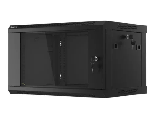 Lanberg WF01-6406-10B 19" 6U SZÉL:600mm MÉLY:450mm MAG:379mm lapraszerelt üvegajtós fekete fali rack szekrény