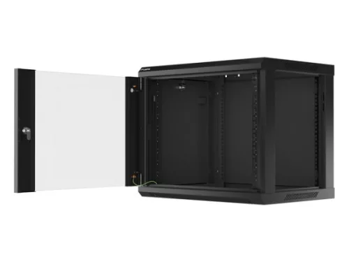 Lanberg WF01-6409-10B 19" 9U SZÉL:600mm MÉLY:450mm MAG:512mm lapraszerelt üvegajtós fekete fali rack szekrény