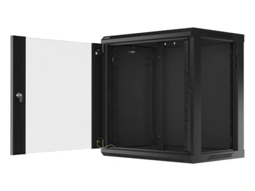 Lanberg WF01-6412-10B 19" 12U SZÉL:600mm MÉLY:450mm MAG:640mm lapraszerelt üvegajtós fekete fali rack szekrény
