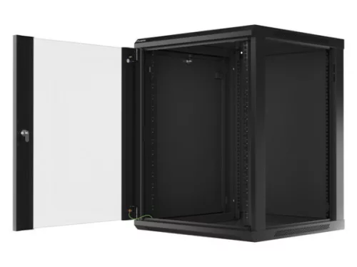 Lanberg WF01-6615-10B 19" 15U SZÉL:600mm MÉLY:600mm MAG:774mm lapraszerelt üvegajtós fekete fali rack szekrény